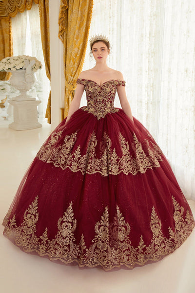 Floral Applique Cape Sleeve Ball Gown by Ladivine 15716