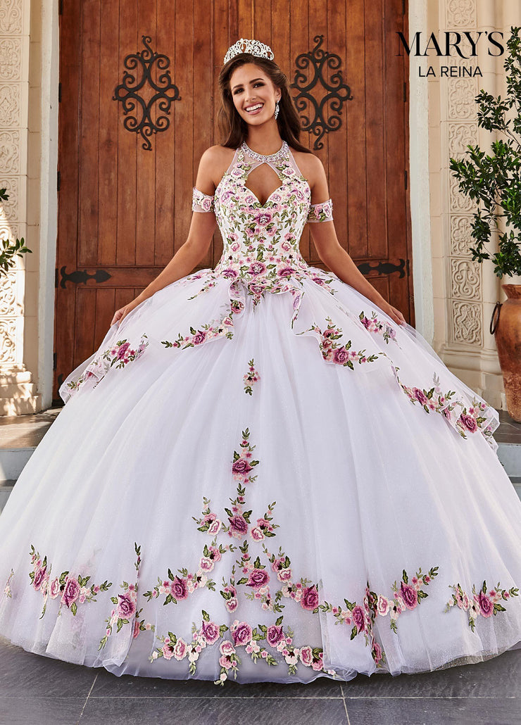 white quinceanera dress with red roses