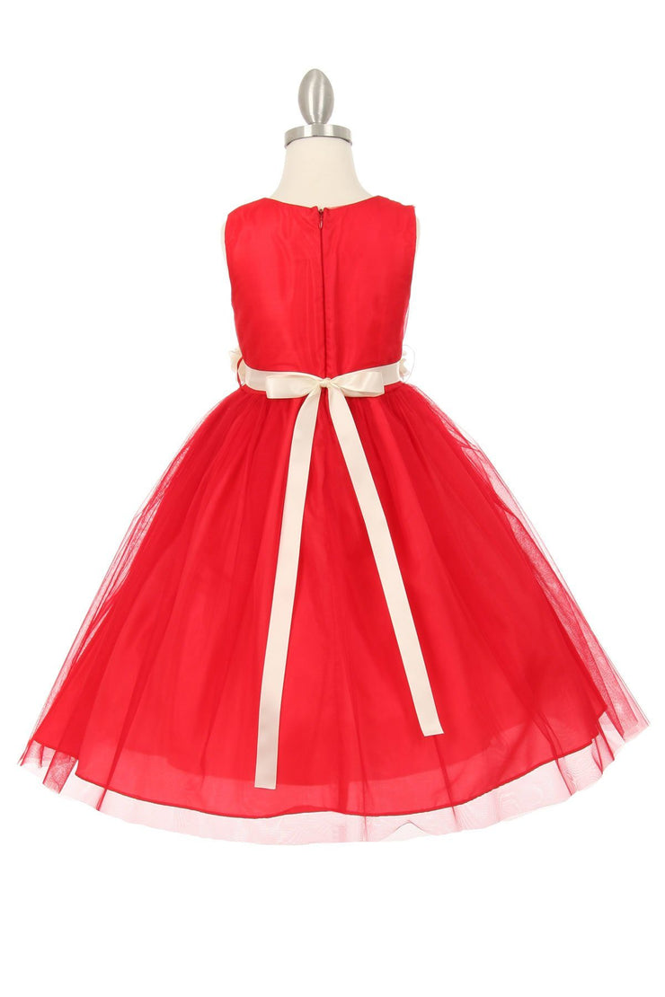 Girls Pleated Red Tea Length Tulle Dress with Flower Sash – ABC Fashion