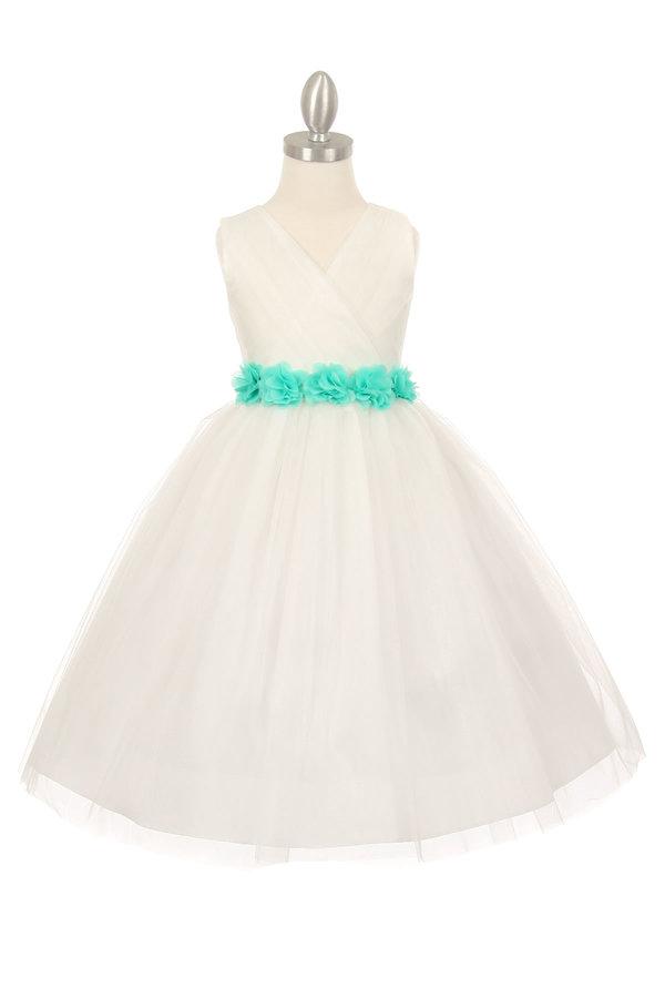 Girls Pleated Royal Blue Tea Length Tulle Dress with Flower Sash – ABC ...