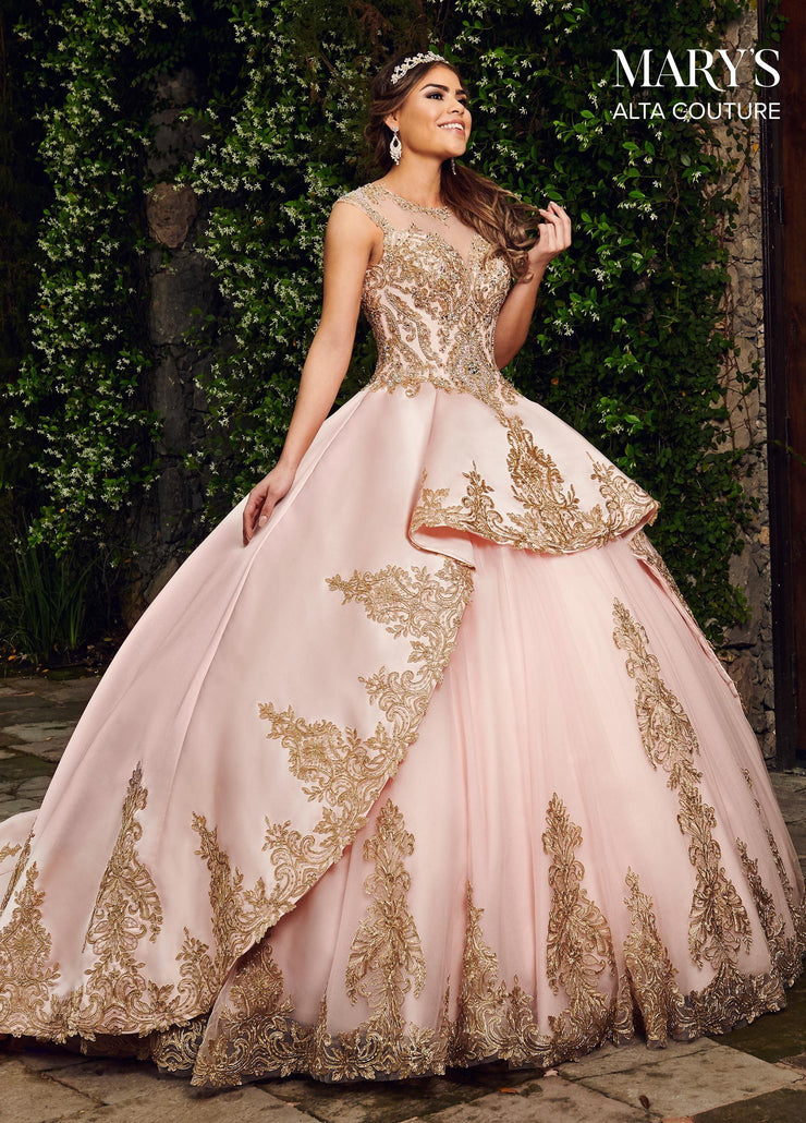 blush and gold quinceanera dress