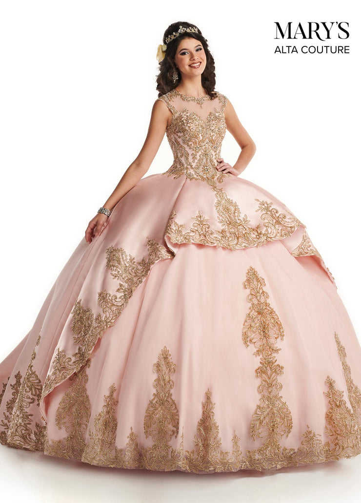 pink with gold quinceanera dress