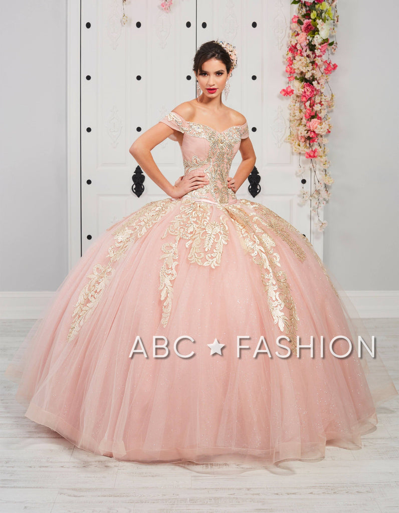 pink with gold quinceanera dress