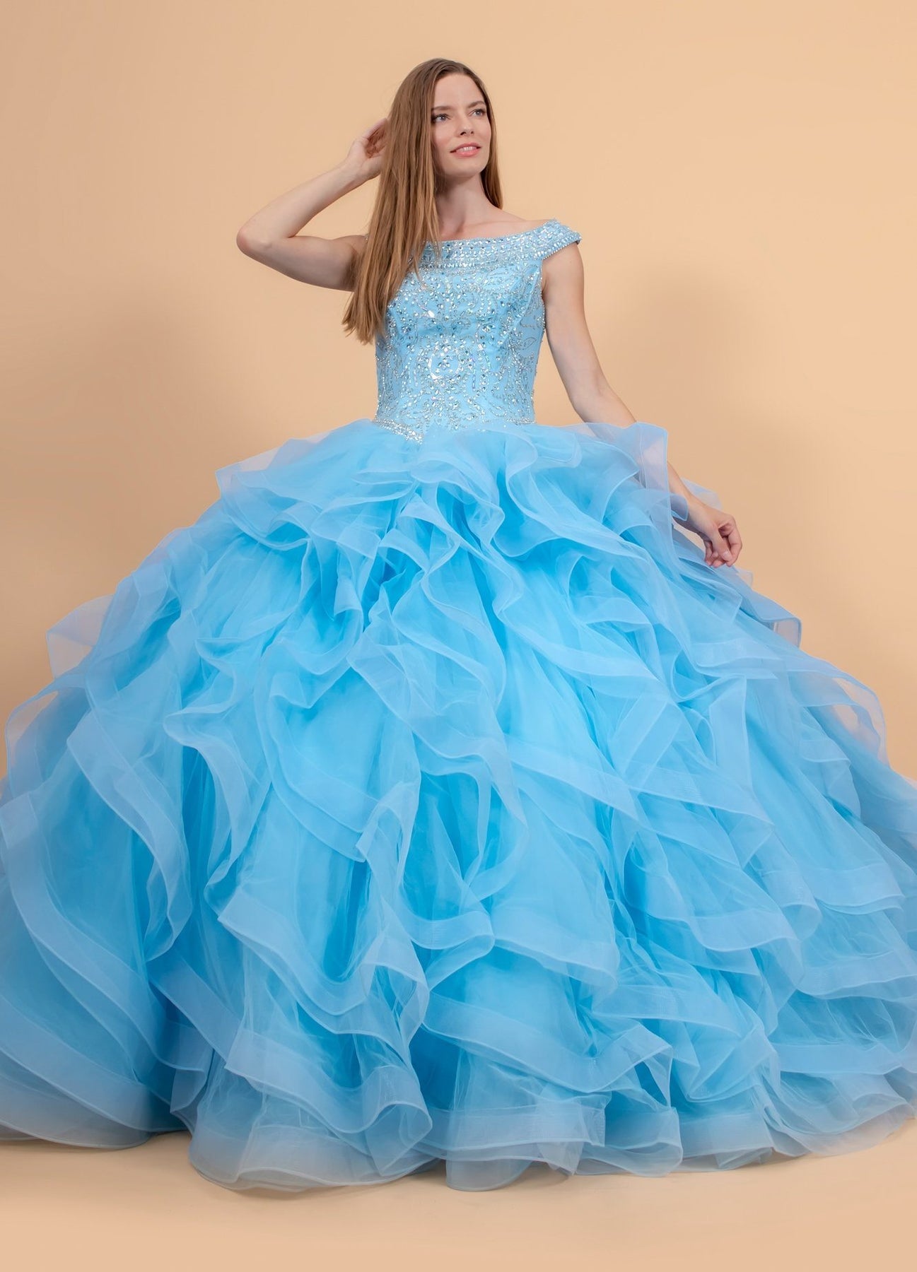 Jeweled Cap Sleeve Ball Gown with Layered Skirt by Elizabeth K GL1600 ...