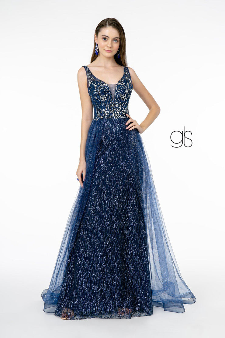 Jeweled V-Neck Gown with Glitter Overskirt by Elizabeth K GL1840 – ABC ...