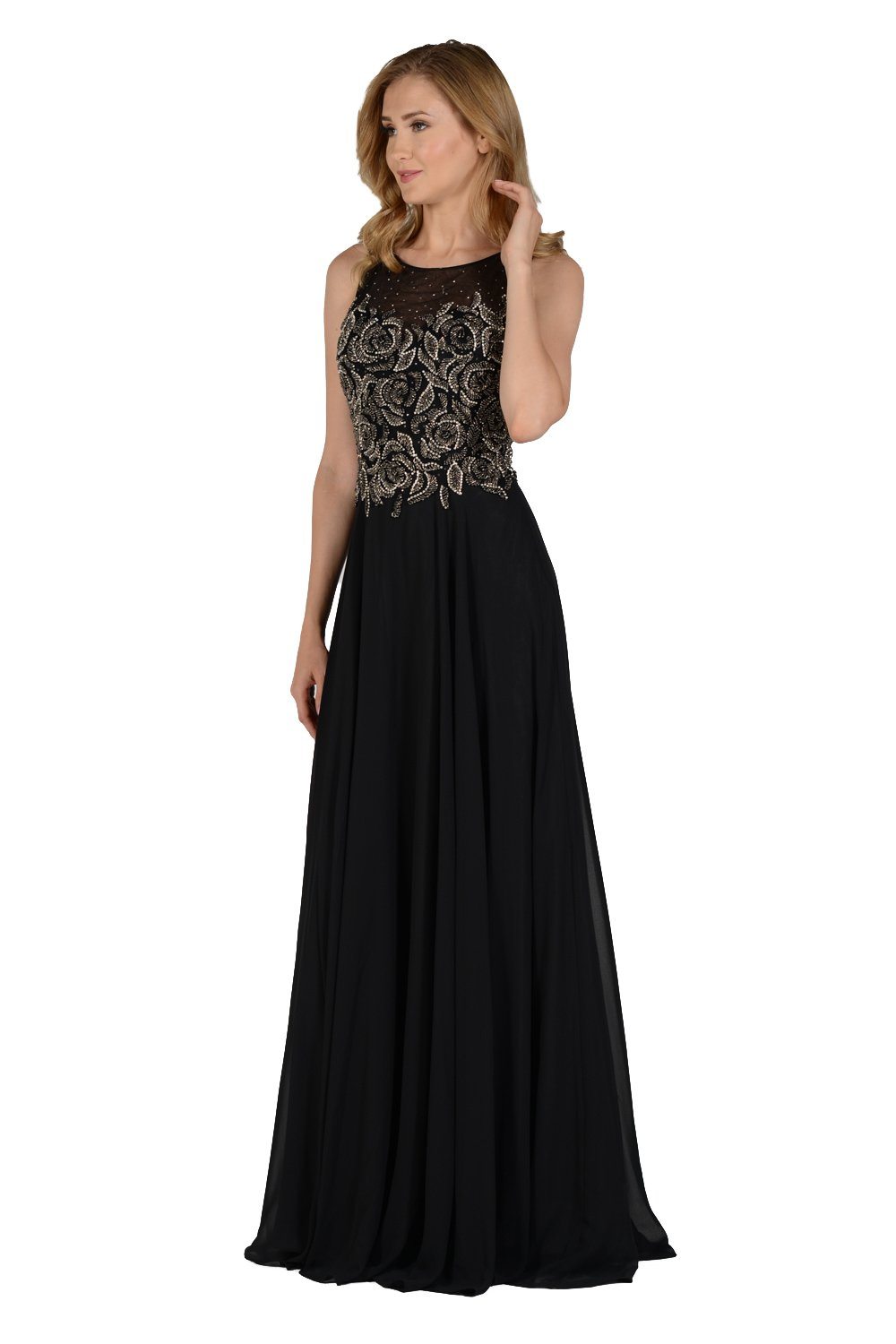 Long Black Dress with Beaded Illusion Bodice by Poly USA – ABC Fashion