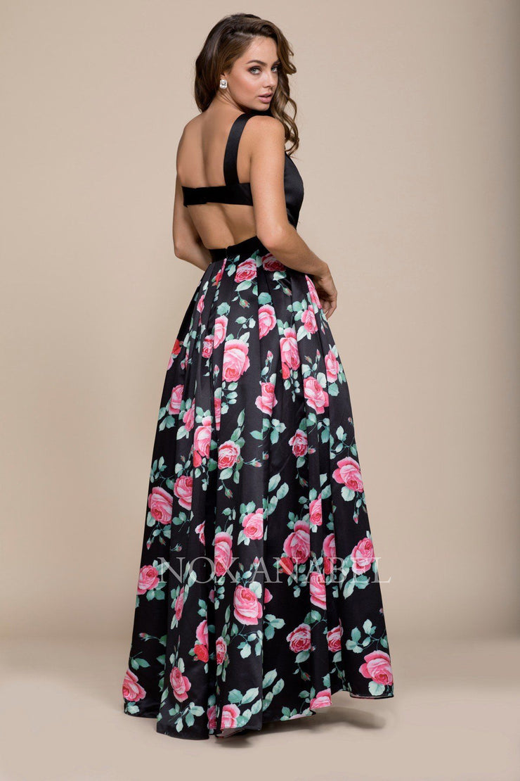 black dress with pink floral print