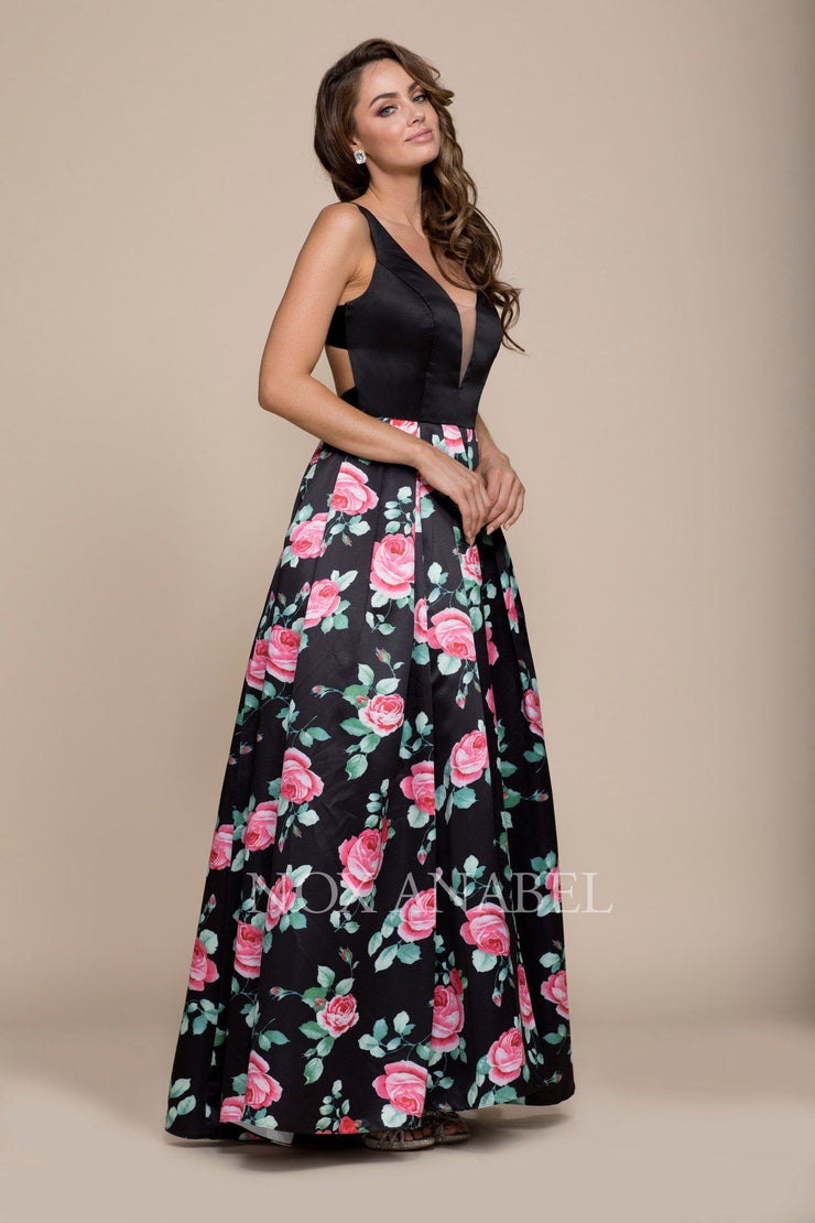 black dress with pink floral print