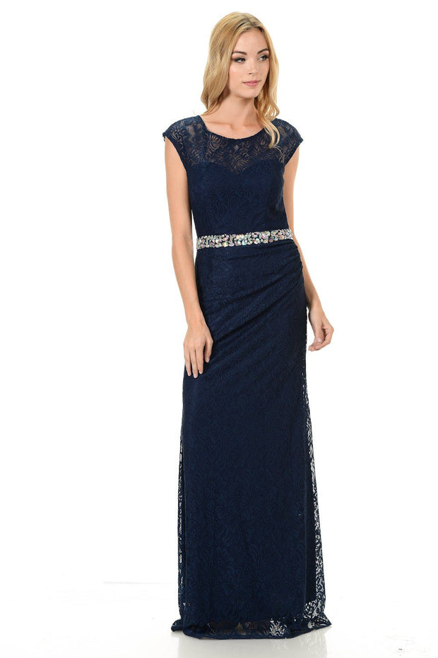 Long Jade Cap Sleeve Lace Dress with Shawl by Lenovia-Long Formal Dresses-ABC Fashion