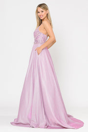 Long Metallic Glitter Dress with Beaded Bodice by Poly USA 8414