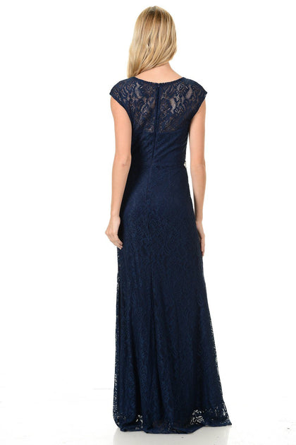 Long Navy Blue Cap Sleeve Lace Dress with Shawl by Lenovia – ABC Fashion