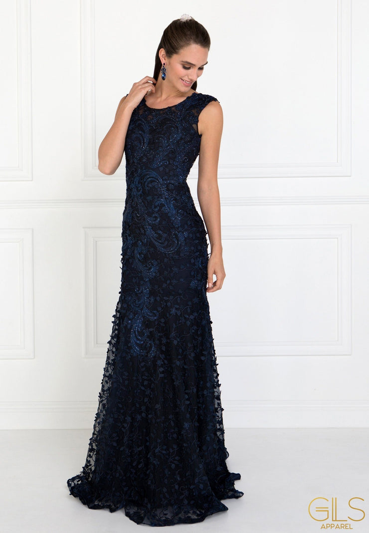 Long Navy Dress with Embroidered Petals by Elizabeth K GL1529 – ABC Fashion