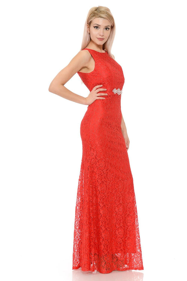 Long Red Lace Dress with Open Bow Back by Lenovia-Long Formal Dresses-ABC Fashion