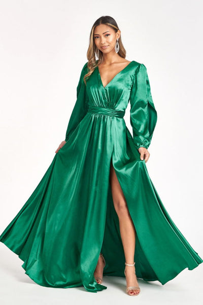 GL1994, Cut Away Shoulder Ribbon Satin A-Line Dress