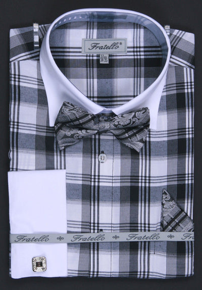 Men's Black/White Plaid Dress Shirts with Bow Tie, Hanky, Cuff Links – ABC  Fashion