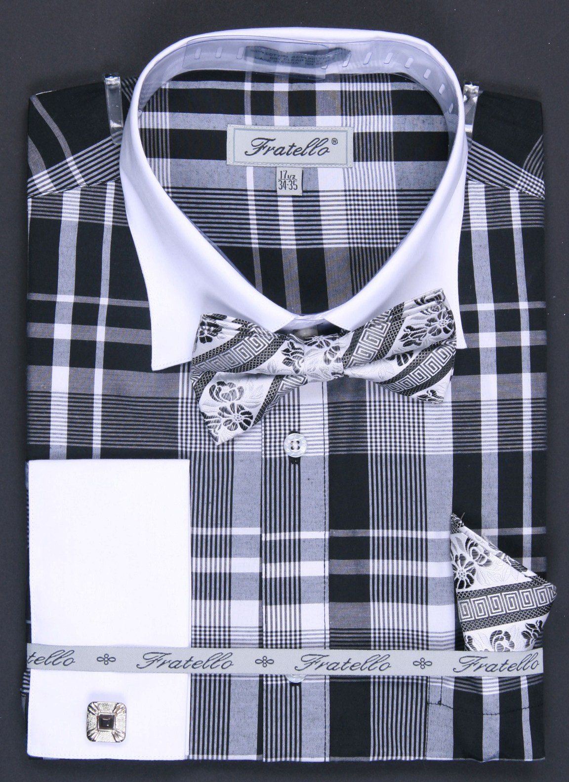 Men's Black/White Plaid Dress Shirts with Bow Tie, Hanky, Cuff Links ...