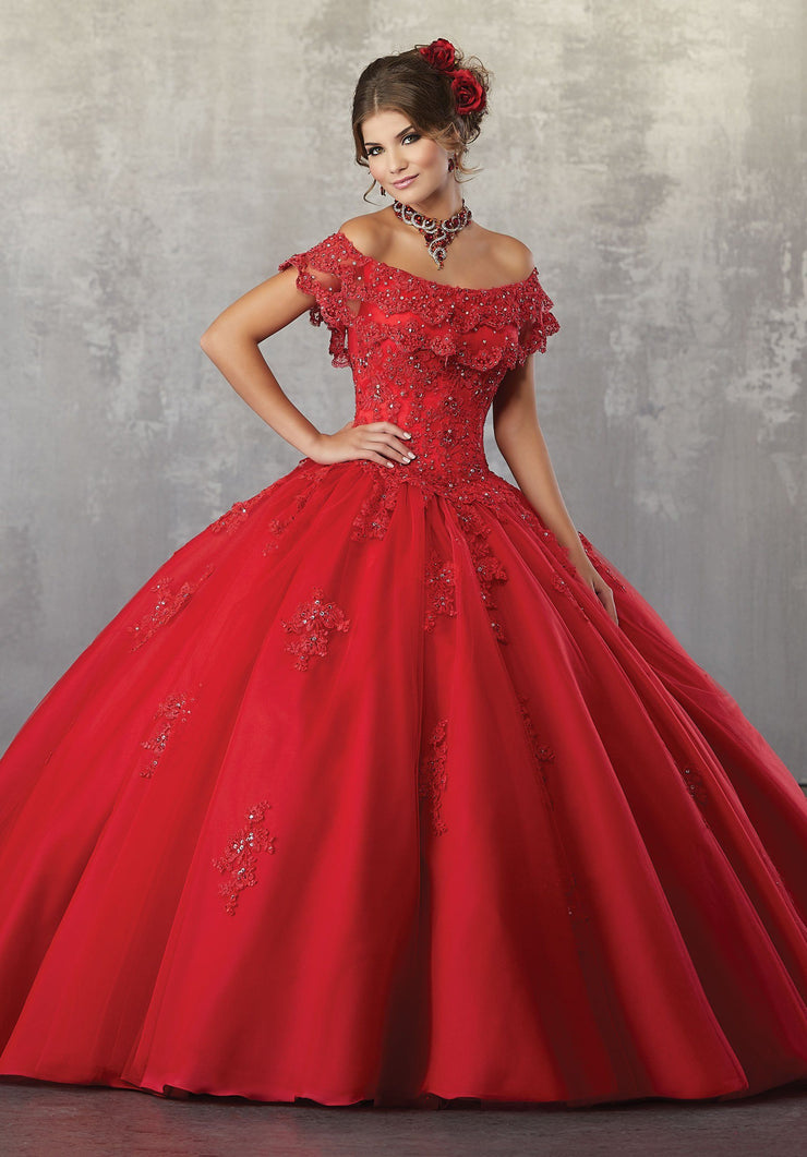 red off the shoulder quinceanera dress