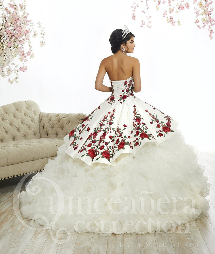 white quinceanera dress with red roses