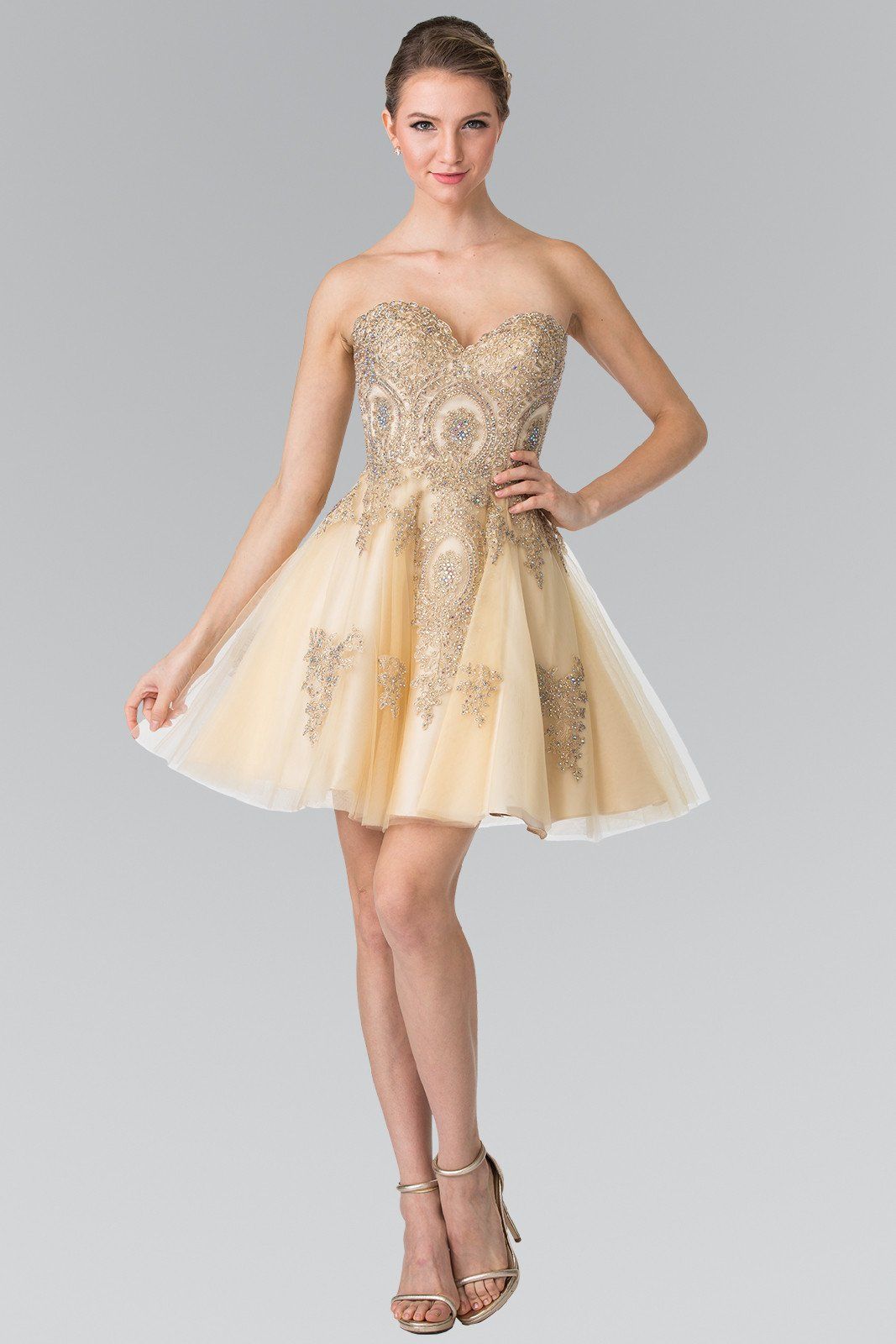 Short Strapless Dress with Gold Lace Applique by Elizabeth K GS2371 ...