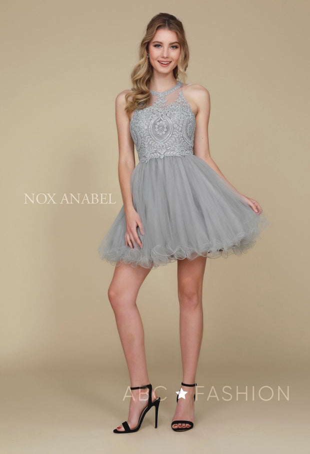 Short Tulle Dress with Embroidered Applique Bodice by Nox Anabel B652-Short Cocktail Dresses-ABC Fashion
