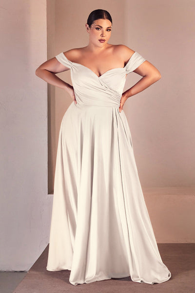 White Off Shoulder Satin Corset Slit Gown by Ladivine 7492W – ABC