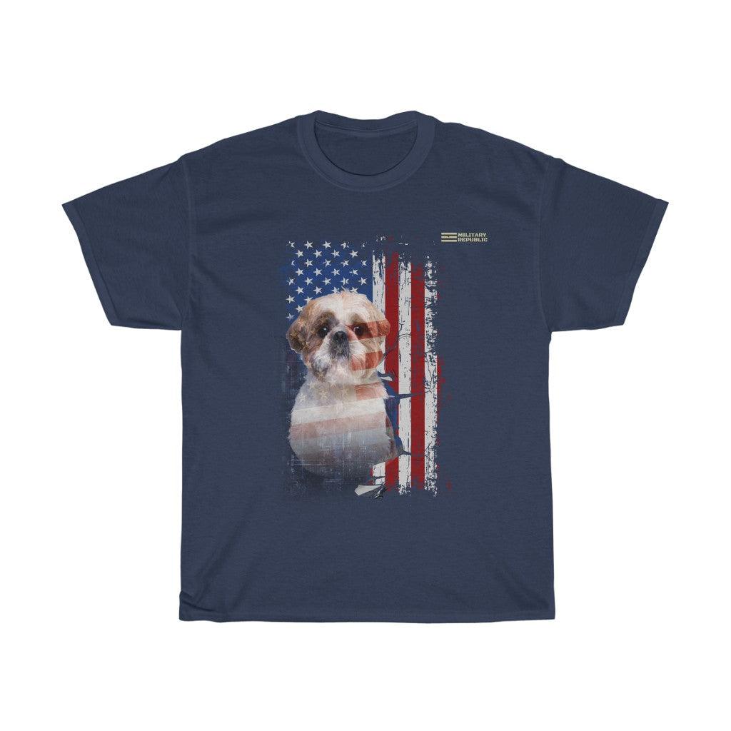 Shih Tzu Dog with Distressed USA Flag Patriotic T-shirt – Military Republic