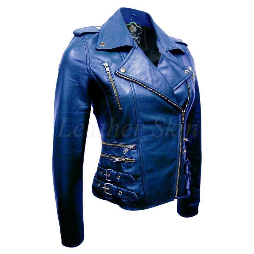 Brando Style Glossy Blue Genuine Leather Women's Jacket – Military Republic