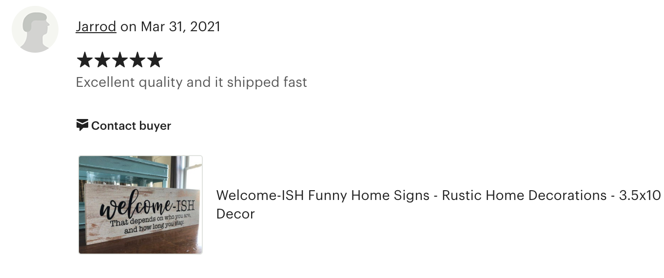 Welcome ish sign with 5 star review.