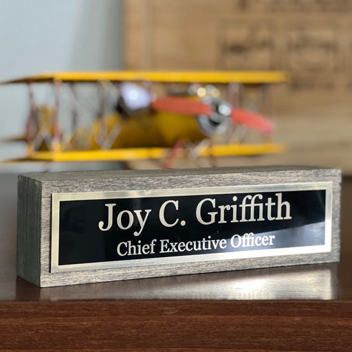 Desk Name Plate with Card Holder - Solid Wood, Made in USA