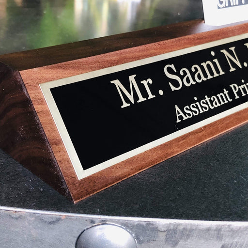 Desk Name Plate with Card Holder - Solid Wood, Made in USA