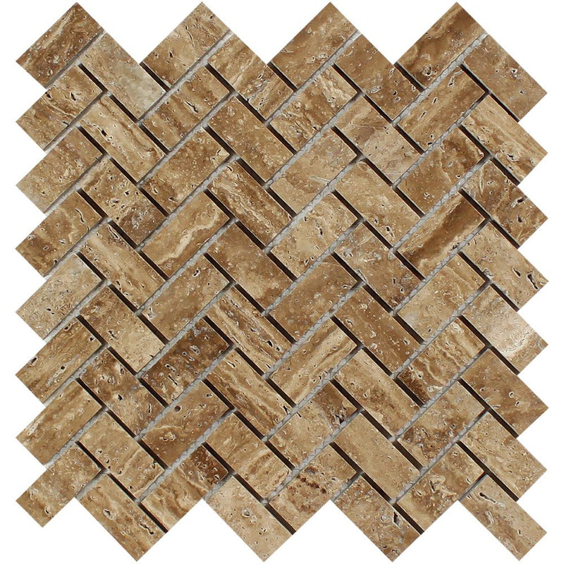 Noce Exotic Travertine Herringbone Mosaic Tile Vein Cut Polished 1x2 Tilephile