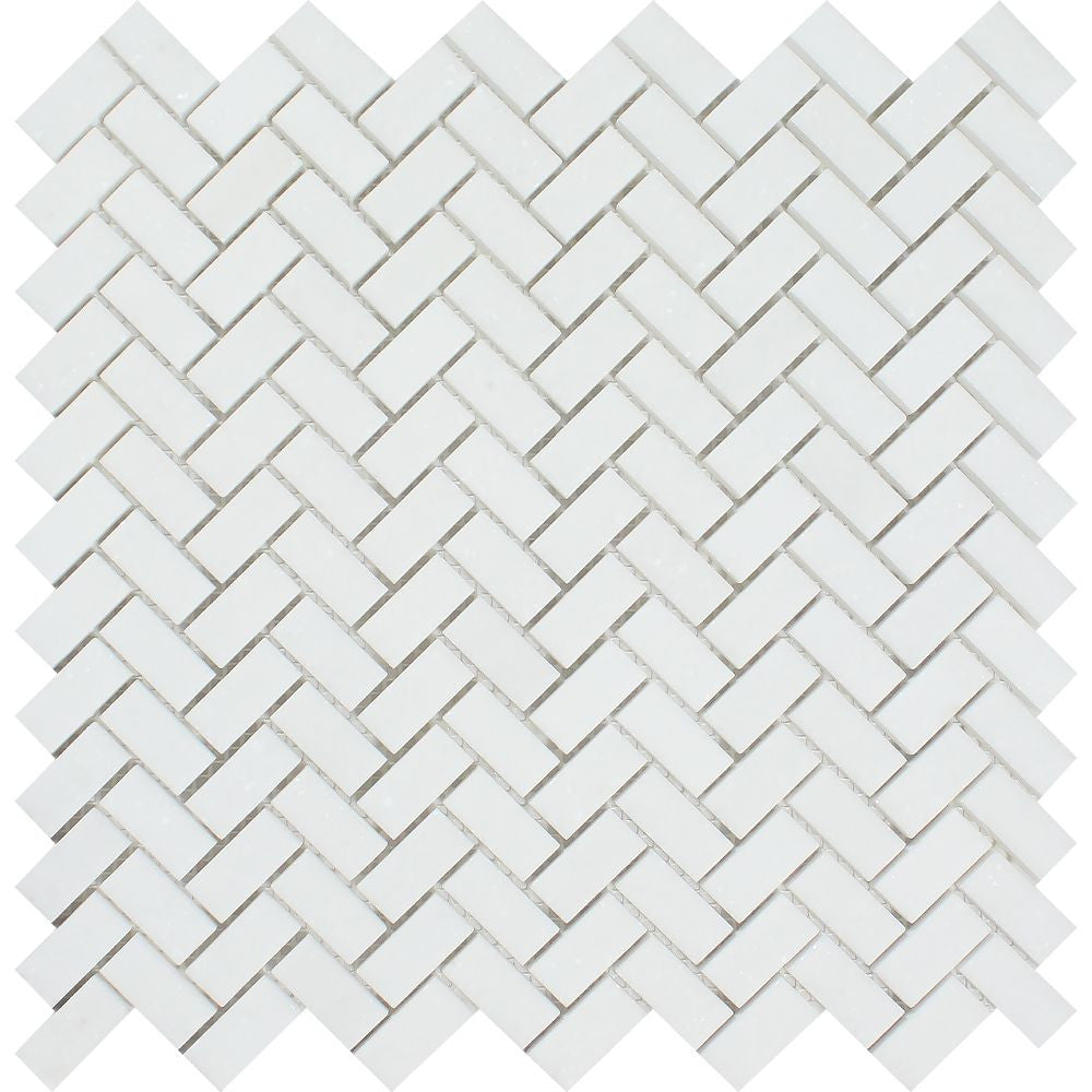 5/8 x 1 1/4 Polished Thassos White Marble Mini Herringbone Mosaic Tile Sample