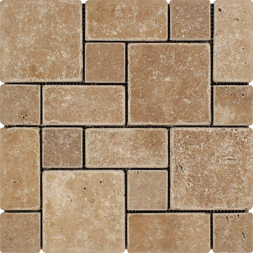 Noce Tumbled Travertine Mini Pattern Mosaic Tile (Non-Interlocking) - Tilephile