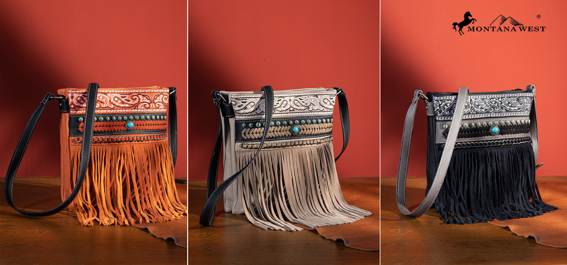 Montana West - Tooled & Fringe Crossbody ( Brown / Pink ) FINAL SALE