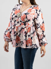 American Bling Women Floral Print Puff Sleeves High Waist Plus Size  Blouse AB-TS1010 （Prepacks 6 pcs）