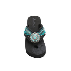 SE106-S096  Mandala Berry Turquoise Stone Concho Embroidered Wedge Western Flip-Flop By Case
