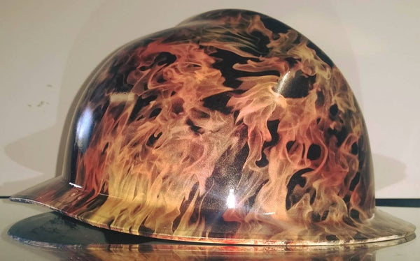 Fireman helmet with yellow, orange, red fade base and Ghost Flames hydro film.
