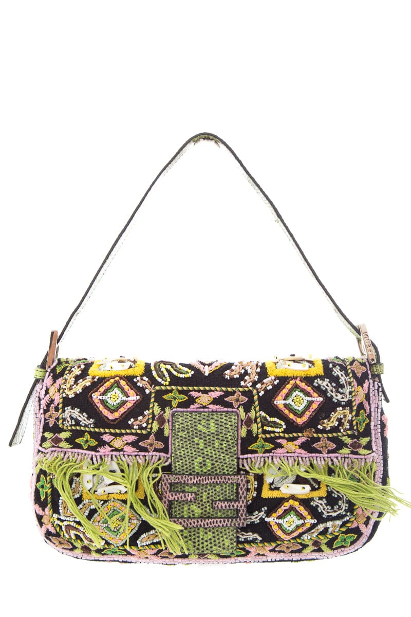 image of Fendi Black/Pink Snake Trimmed Beaded Baguette
