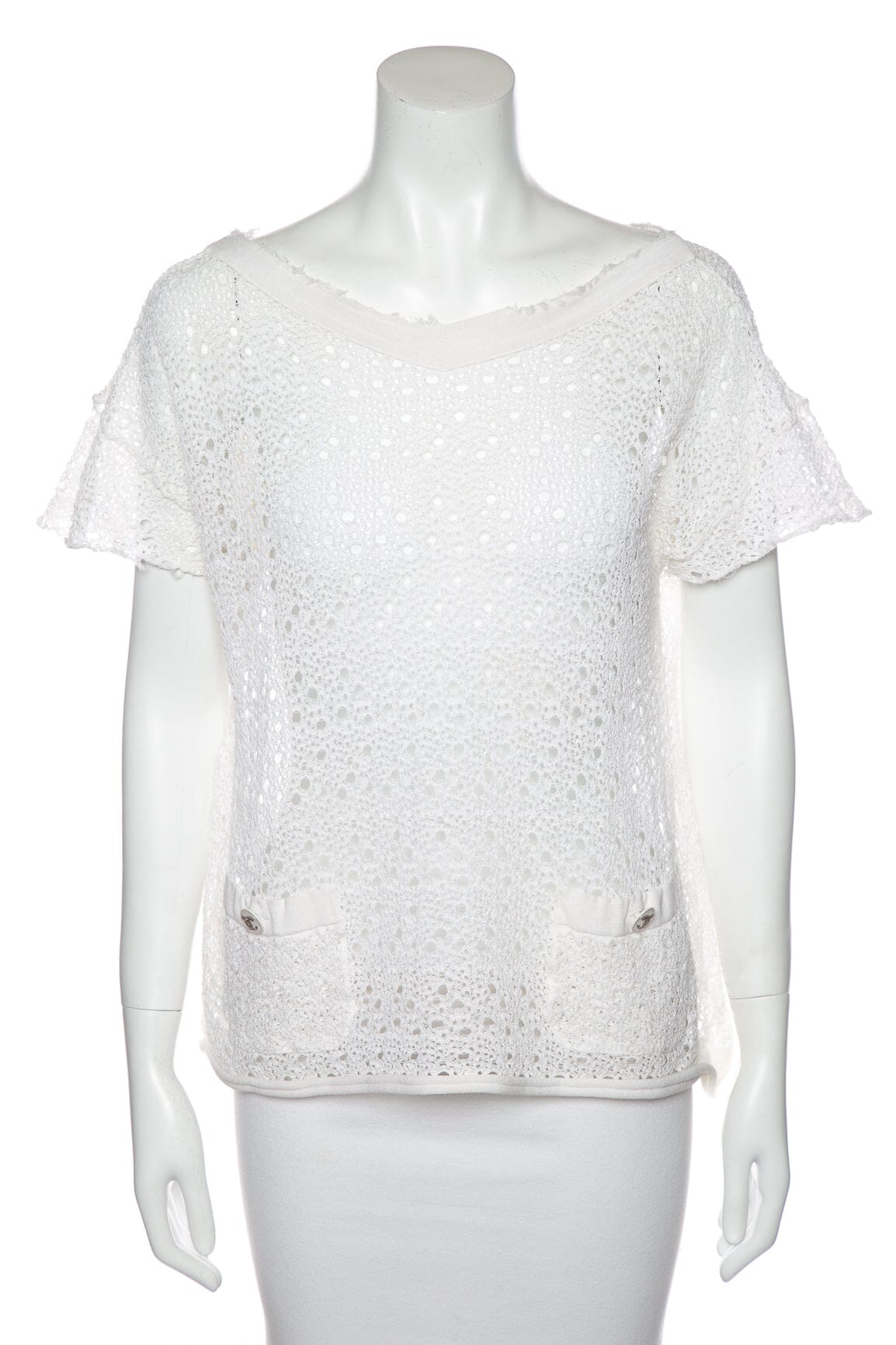 image of Chanel White Short Sleeve Crochet Blouse SZ M