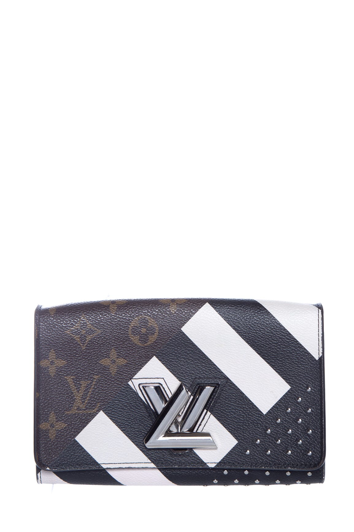 image of Louis Vuitton 2016 Black and White Twist Chain Studded Monogram Canvas WOC