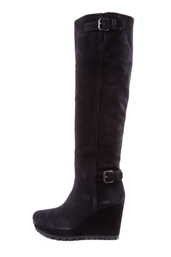 black suede wedge knee high boots