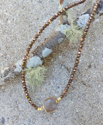 CHOCOLATE MOONSTONE NECKLACE WITH GOLD PLATED BEZEL AND CRYSTAL BEADED CHAIN-NECKLACES-JipsiJunk-JipsiJunk