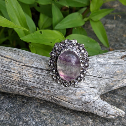 FLUORITE GEMSTONE RING WITH UNIQUE DOTTED HALO IN STERLING SILVER-RINGS-Jipsi Junk-JipsiJunk