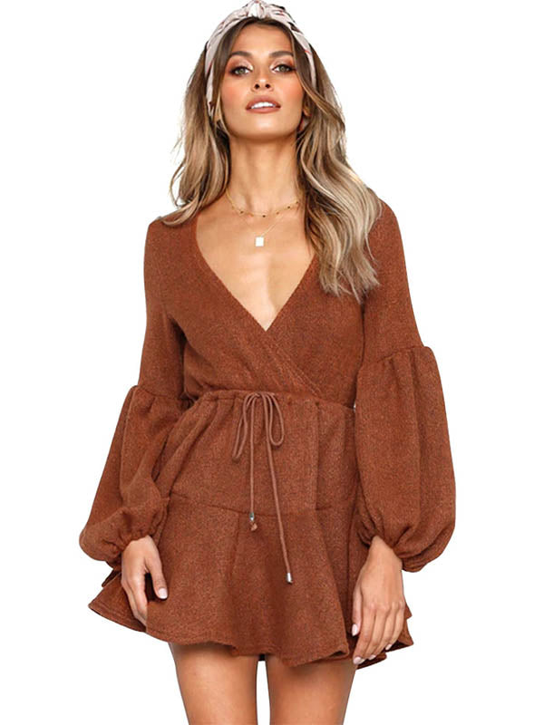 deep v neck mini dress with sleeves