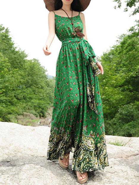 Elegant Floral-Print Slim Fit Stripes Off-Shoulder Lace-Up Maxi Dress ...