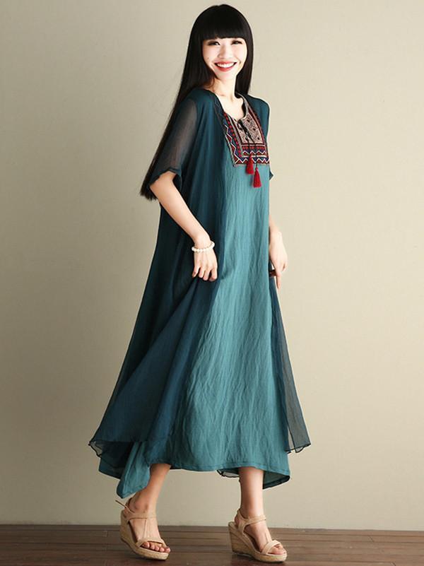 round neck cotton printed maxi dress