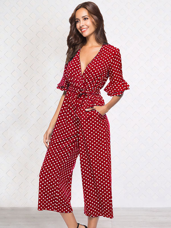 Printed Belted V-neck Half Sleeves Jumpsuit – oshoplive