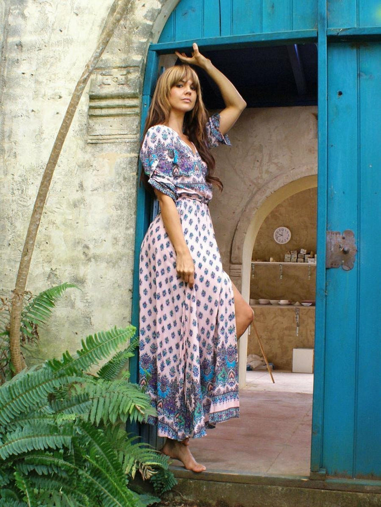 Pretty Bohemia Floral V Neck Half Sleeve Front Split Maxi Dress – oshoplive