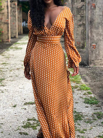 v neck belt polka dot maxi dress