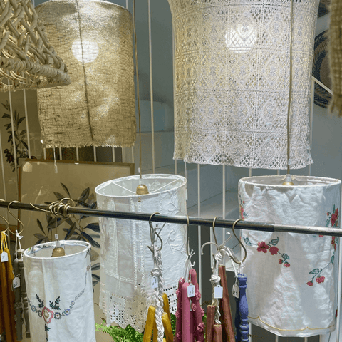 Crochet lampshades and repurposed linens